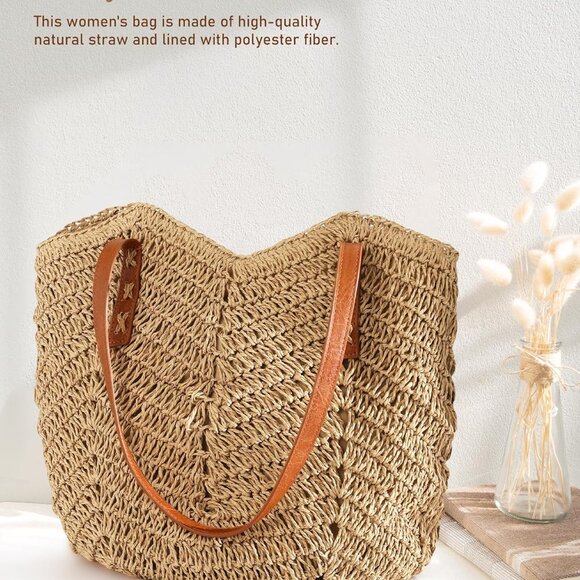 Beach Bags for Women - Straw Bag with Zipper, Soft Woven beach bag, Casual Straw - Picture 3 of 7